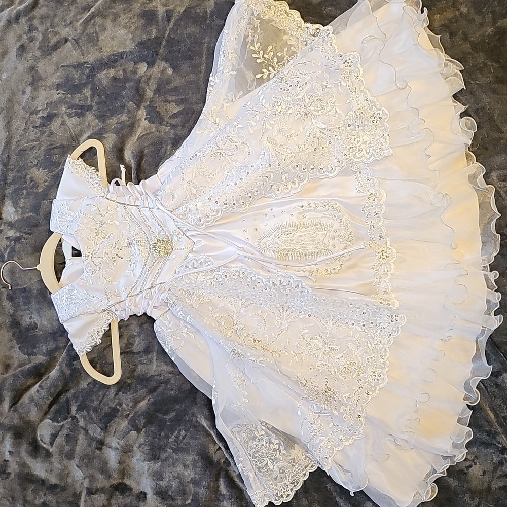 Gorgeous Little Girls (Sz 3) Ornate White Satin Baptismal Dress/Gown